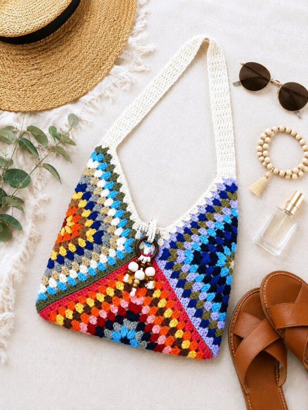 Boho Crochet Patchwork Shoulder Bag | Colorful Knit Hobo Purse NWT